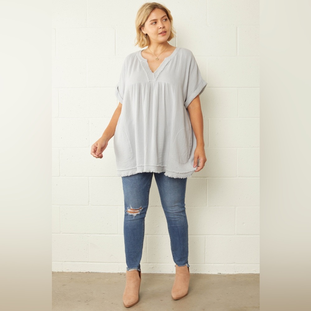 Entro | Dusty Blue Crinkled Plus Top With Frayed Hems